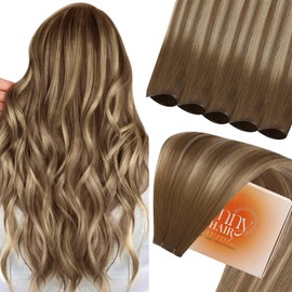 Sunny Hair 24inch Genius Weft Hair Extensions Ombre Genius Hair Extensions Sew in Chestnut Brown Mix Platinum Blonde Balayage One Piece Human Hair Weft Extensions for Long Hair