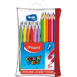 Maped - Color'Peps Filled Pencil Case - 12 Colouring Pencils + 12 Washable and Dry-resistant Felt Pens + 1 Sharpener - Reusable Pencil Case with Zip