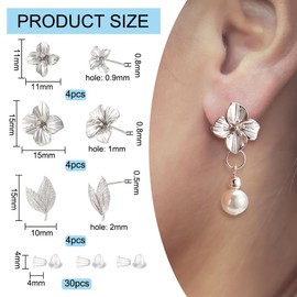 BENECREAT 12 Pieces 3 Styles Brass Rivets, Platinum Flower and Leaf Stud Earrings, Brass Rivets with Loops and 30 Pieces Plastic Rivets for DIY Earring Craft Accessories, Pen: 0.5-0.8 mm