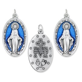 Caritas et Fides Pack of 3 - Large Blue Enamel Miraculous Medal Pendant -1 3/4" Silver Oxidized with Blue Enamel Accent Miraculous Medals for Necklace Catholic - Made in Italy