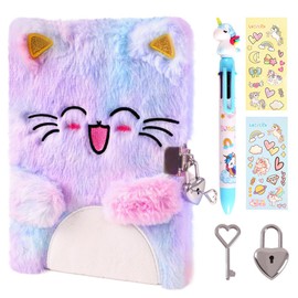 ENYILEE Cat Diary for Girls with lock and keys, Kids Journal School Travel Notebook Gift Set for Writing and Drawing,Multicolored Pen, Stickers, Birthday Gift for Girls ages 6-8