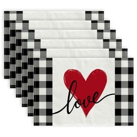 ARKENY Mothers Day Placemats 12x18 Inches Set of 6, Love Heart Seasonal Farmhouse Burlap Buffalo Plaid Indoor Kitchen Anniversary Wedding Dining Valentines Table Decorations for Home Party AP024-6