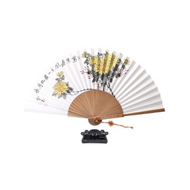z-1 Korean Hand Painted Folding Traditional Fan Chrysanthemum Painting 국화 전통 부채 Wooden Asian Oriental Wall Deco Handheld Decorative Fan with Stand
