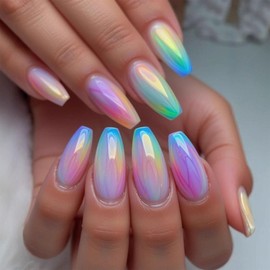 Coffin Press on Nails Medium Fake Nails with Chrome Designs Glossy Glue on Nails Colorful Full Cover Glue on Nails Acrylic Artificial Stick on Nails for Women 24Pcs