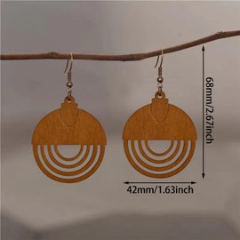 WUWEIJIAJIA Bohemian Hollowing Round Wooden Statement Dangle Drop Earrings Tribal Geometric Retro Handmade Wooden Hook Earrings of the Nation for Women (Light Brown)