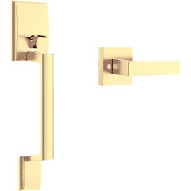 Migade Front Door Handle Entry Door Lock Handle Set for Left or Right Handed Doors Reversible Interior Exterior Single Cylinder Lower Half Adjustable Lever Bright Brass Non-Locking Gold