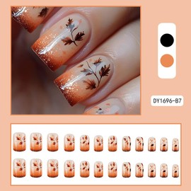 Orange Maple Leaf Press on Nails Fake Nails Short Square,Aqinmony with Designs False Nails Short Square, French Tip Full Cover Glue on Nails, Glossy Acrylic Thick Stick on Nails For Women 24Pcs DY1696-B7