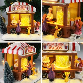 ZornRC Christmas Village Accessories LED Lighted Christmas Village Houses, Multicolored Christmas Vacation Village w/Music, Christmas Village Popcorn House for Home Decor