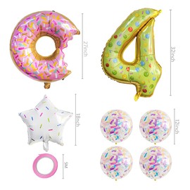 7pcs Donut Balloons Number Balloons for 1st 2nd 3rd Birthday Party Donut Decoration Supplies (4th)