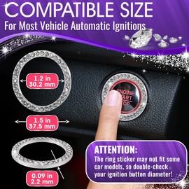 Car Bling Push Start Button Cover – Durable Zinc Alloy Bling Ring Sticker with Crystal Rhinestones, Fits Most Engine Start Stop Decoration for Car Interior Accessories, Tool-Free Installation, Silver