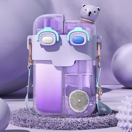 26oz Cute Water Bottle, Kawaii Water Bottle, Funny Bear Water Bottles with Straw and Strap, Dual Compartments Leak-Proof Plastic Drinking Cup for Camping Hiking Backpacking Travel Office (Purple)