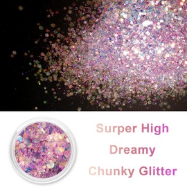 Renfio Opal Chunky Glitter, 1.75oz/50g Pink Glitter, Dreamy High Sparkle Glitter for Crafts Holographic Fine Glitter Mix Iridescent Glitters Flake for Resin Nails Art Hair DIY Snow Globe - Pink Coast