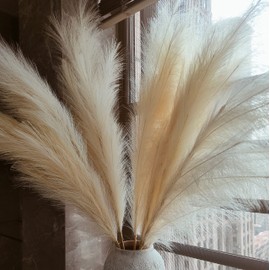 penepico Faux Beige Pampas Grass Decor Tall, 8pcs 43.3" Large Pompas Floral, Fluffy Artificial Fake Feather Flowers for Boho Wedding Decor,18 Branches Each Stem, Large Long