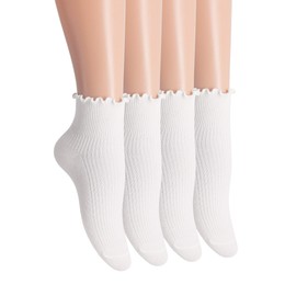 SRYL Women Ankle Socks Ruffle Turn-Cuff , Knit Cotton Lettuce Dress Socks (White-4 pairs,Low cut)