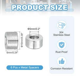 PATIKIL 6 Pcs Stainless Steel Spacers, 5mm ID x 10mm OD x 6mm Height 304 Stainless Steel Bushing Screw Standoff Unthreaded Round Spacer for 3/16" M5 Screws Bolts Nuts
