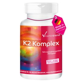 Vitamintrend Vitamin K2 Complex 1250 μg, 240 Capsules, Swallow-friendly, High Dosage, MK-4 and MK-7, Dietary Supplement Vegan without Magnesium Stearate, Made in Germany