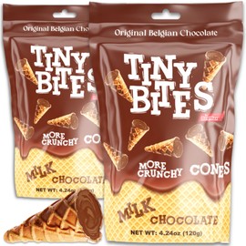Tiny Bites - Crispy Mini Waffle Cones Treats - Premium Belgian Chocolate, 4.24 oz Bag (Pack of 2) - Delicious Variety of Flavors, Perfect Snack, Dessert, or Ice Cream Topping (2 Pack, Milk Chocolate)