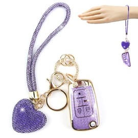 YIKECASE Key Fob Cover with Diamond Keychain for Women, Car Key Shell Compatible with Chevy Cruze Camaro Malibu Equinox Impala GMC Buick Encore Regal Flip Folding, 5 Buttons (Purple-Wrist Rope)