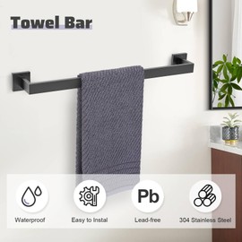 TNOMS Matte Black Towel Bar Set 5-Piece Bathroom Hardware Accessories Set,23.6 Inch Modern Towel Holder Set SUS304 Stainless Steel Towel Rack Set for Bathroom,Wall-Mounted