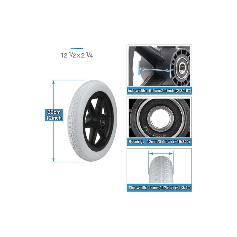 A pair of 12 inch wheels, solid PU wheels, wheelchair