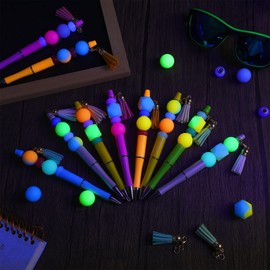 12 Pieces Beadable Pens Bulk Bead Pens with 50 Pcs Assorted Colors Beads Pen DIY Making Kit Multicolor Ballpoint Pen Black Ink for Women Kids Students Office School (Luminous Style)