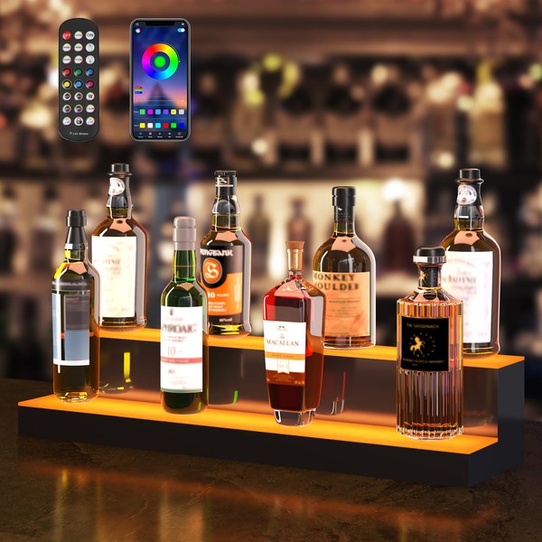 VEVOR LED Lighted Liquor Bottle Display, 2 Tiers 30 Inches, Illuminated Home Bar Shelf with RF Remote & App Control 7 Static Colors 1-4 H Timing, Acrylic Drinks Lighted Shelf for Holding 16 Bottles