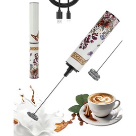 INFOOD Milk Frother Rechargeable with Cover - Coffee Frother Wand, Drink Mixer Handheld with 2 Detachable Stainless Whisks 2 Speed Adjustable for Latte, Cappuccino, Hot Chocolate, Egg, White Floral