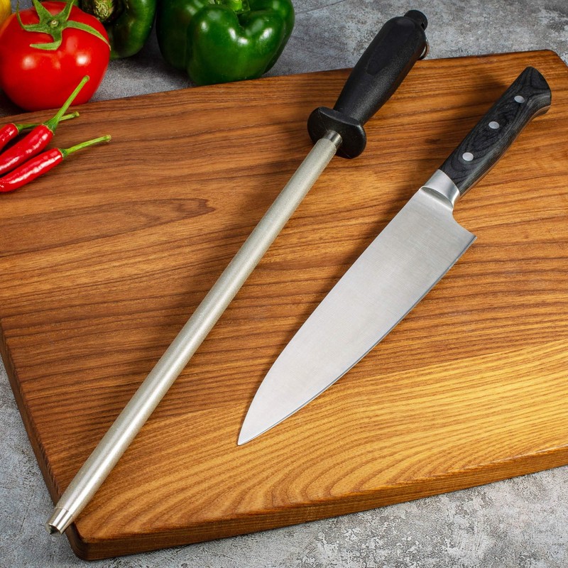 Premium Diamond Finished Black Carbon Steel Knife Sharpening Rod, 12
