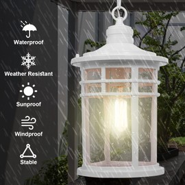 Darkaway Large Outdoor Pendant Lights for Porch, 15inch Outdoor Chandelier Hanging Porch Lights Ceiling Mount Aluminum with Seeded Glass for Front Porch Gazebo Patio (Large, White)