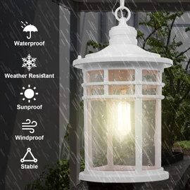 Darkaway Large Outdoor Pendant Lights for Porch, 15inch Outdoor Chandelier Hanging Porch Lights Ceiling Mount Aluminum with Seeded Glass for Front Porch Gazebo Patio (Large, White)