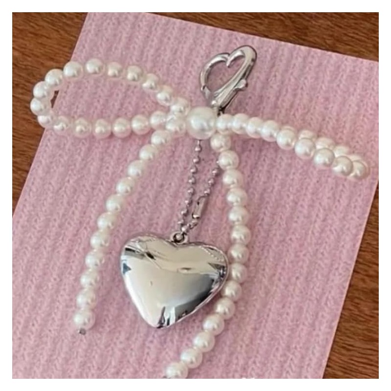 88flix Keychain, Pearl Charm, Heart Charm, Pearl Ribbon, Silver, Stylish,