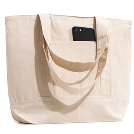 Carrywell (Not Made In China) Reusable Grocery Shopping Bags, Organic Cotton Canvas Totes With Zippered Top, Front Pocket, Heavy Duty Cloth Bag For Groceries