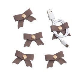 SenseAGE 5 Pack Cord Organizer, Bow Cord Keeper, Cable Organizer USB holder, Leather Cable Management, Cable Straps, Earphone winder, Storage Straps for Electronics, Earbuds (Choco Brown, Small)