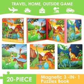 Magnetic Puzzles for Kids Ages 4-6, 20-Piece Toddler Travel Toys Dinosaur Puzzles Ages 3-5, Educational Learning Magnets, Ideal Road Trip Activities Toys for 3 4 5 6 Boys and Girls