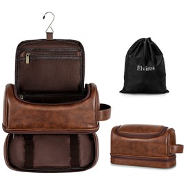 Elviros Toiletry Bag, Mens Leather Travel Organizer Kit with hanging hook, Large Water-resistant Toiletries Bathroom Shaving Bags for Women (Dark Brown)