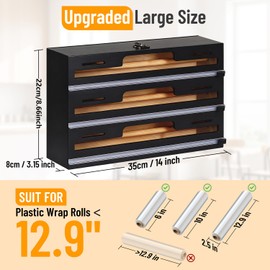 Allinside Magnetic Plastic Wrap Dispenser with Cutter and Labels, Aluminum Foil Holder, Wax Paper Storage Box for Refrigerator, Kitchen Bamboo Organizer Compatible with 12.9" Roll (1 Layer)
