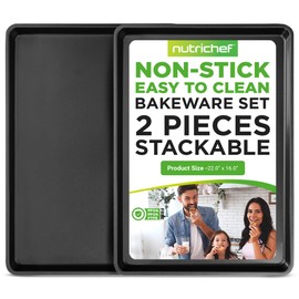 NutriChef 2-Piece XL Mega Cookie Sheet Baking Pans Set - 22" x 16" Extra Large Nonstick Carbon Steel Oven Baking Tray Pans, Stackable Bakeware, Black - NCLGBP16