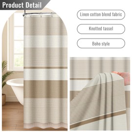 Emvency Boho Farmhouse Beige Stripe Tassel Shower Curtain Set, Striped Bohemian Modern Minimalist Linen Fabric Cloth Shower Curtains for Bathroom Decor 72 x 72 Inches with Upgraded Metal Hooks