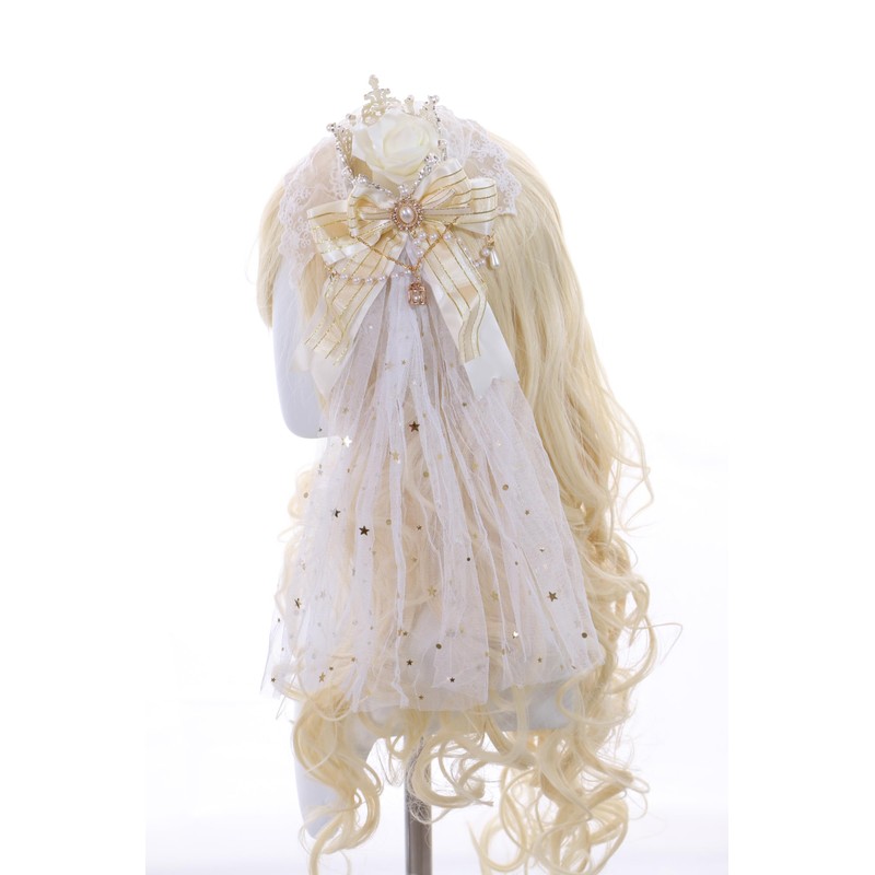 C-105-3 White Veil Gold Crown Red Rose Bow Lace Ruffle