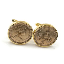 Premium 1975 Large Old style British 5p Gold Plated coin for a 50th birthday Large cufflinks 23mm GLD