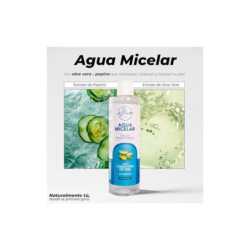Agua Micelar Desmaquillante con Aloe Vera y Pepino, 250ml, Sin