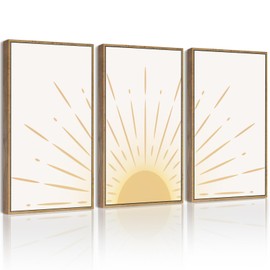 Drsoum 16x24in Boho Sun Wall Art Wood Canvas Framed Bohrmain Decor Nature Line Art Mid-Century Modern Prints Nursery Bedroom Kidsroom