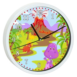 CreaDesign WU-00-1122 Dinosaur Wall Clock for Children's Room, Customisable with Name, White Frame, Diameter 19.5 cm
