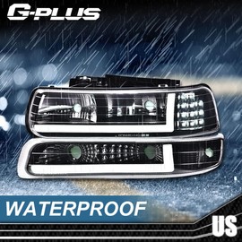 G-PLUS LED DRL Headlights, Compatible with 1999-2002 Chevy Silverado 1500 2500/2001-2002 Silverado 1500HD 2500HD 3500, Driver Side & Passenger Side, Clear lens Black Housing Clear Reflector