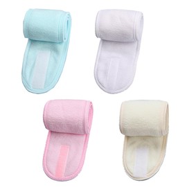 OUDQFCJ Pack of 4 Adjustable Cosmetic Hair Bands for Women with Velcro Fastening Terry Cloth Hair Band for Make-Up Spa Face Washing Sports Yoga Green Pink White Yellow