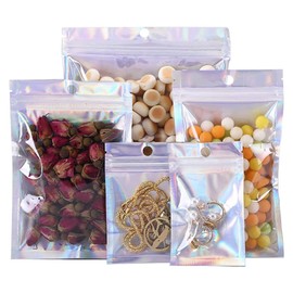 5.5x7.8 Holographic Resealable Packaging Bags for Small Business Supplies, Cute Small Color Smell Proof Foil Pouch Plastic Baggies for Lip Gloss Soap Party Food Storage