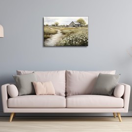 Farmhouse Canvas Wall Art Old Barn Picture Vintage Painting Rustic Landscape Prints for Living Room Home Offcie Decor Framed(Farmhouse-2,16.00x24.00 inch)