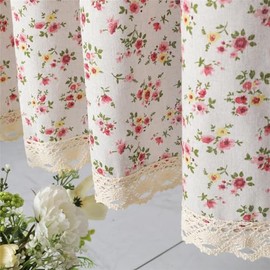 Cortina corta de algodón de lino de 27.5 pulgadas de largo, elegante encaje floral para ventana de cocina, baño, 1 panel, flor rosa pequeña