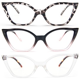 DXYXYO Cat Eye Reading Glasses for Women 3 Pack Anti Blue Light Computer Readers Stylish Retro with Spring Hinge, 0 magnification, Demi+black pink+clear