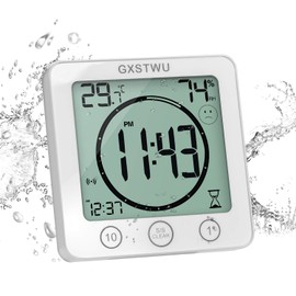 GXSTWU Digital Clock, Waterproof "Splashproof", Timer, Thermometer, Hygrometer, Half Bath Clock, Thermometer, Hygrometer, Heatstroke, Wall Mounted, Tabletop, Magnet, Suction Cup, For Bathroom, Bathroom, Bathroom, Washroom, Kitchen, Courtyard, Room, Shower (White)